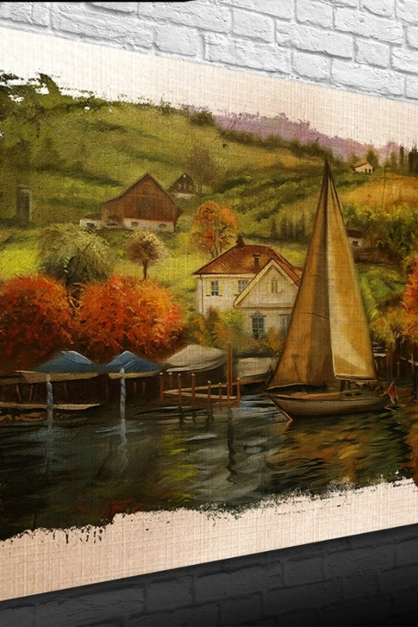 Sahildeki Yelkenli Yağlıboya Kanvas Tablo 50 x 70