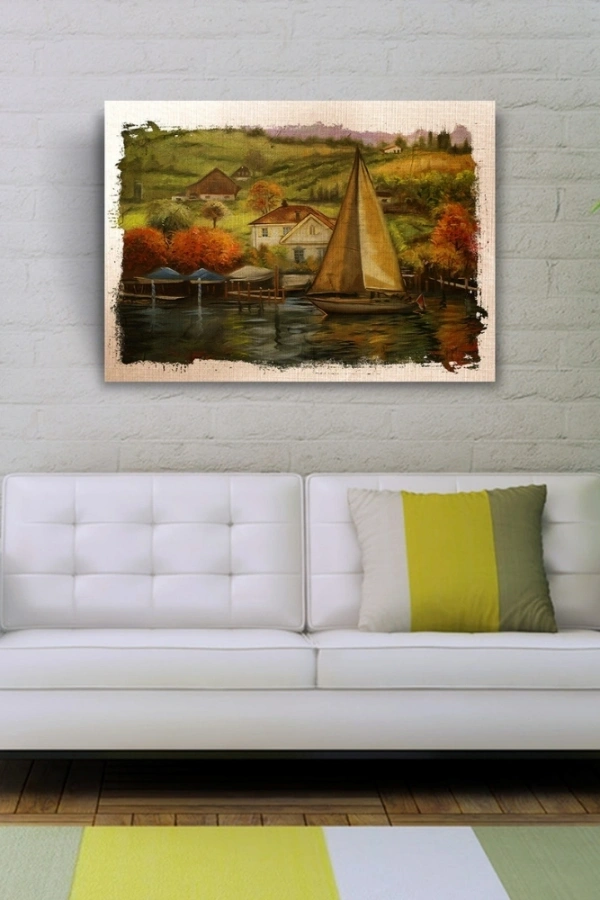 Sahildeki Yelkenli Yağlıboya Kanvas Tablo 50 x 70