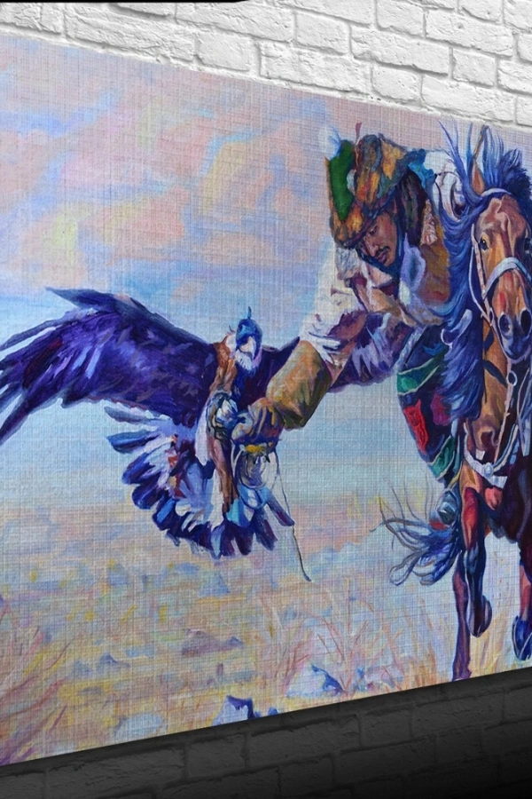 Şahin İle Avlanan Atlı Yağlıboya Kanvas Tablo 50 x 70