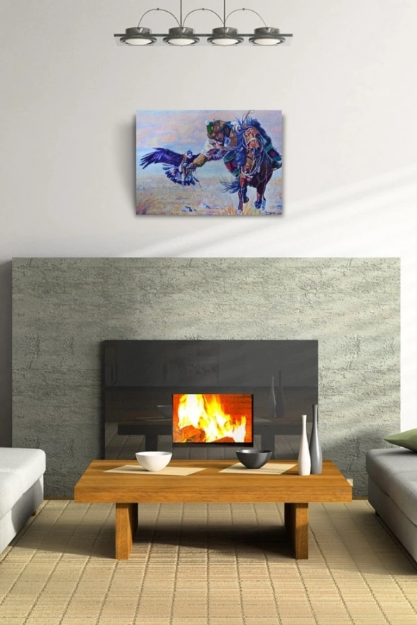 Şahin İle Avlanan Atlı Yağlıboya Kanvas Tablo 50 x 70