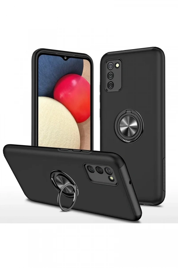 Samsung Galaxy A02S Kılıf Elit Yüzüklü Kapak - Siyah