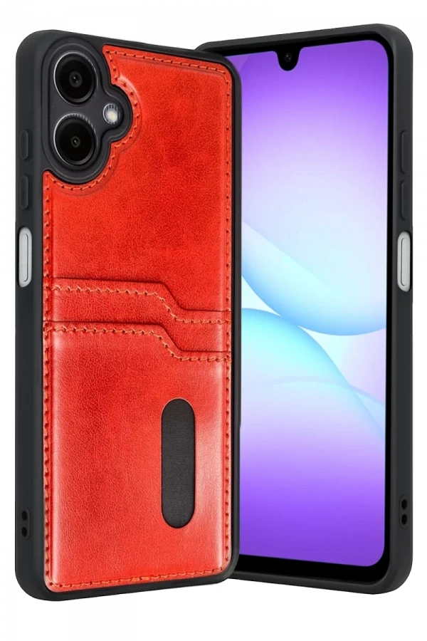 Samsung Galaxy A07 4G Sara Kartvizitli Deri Kılıf - Kırmızı