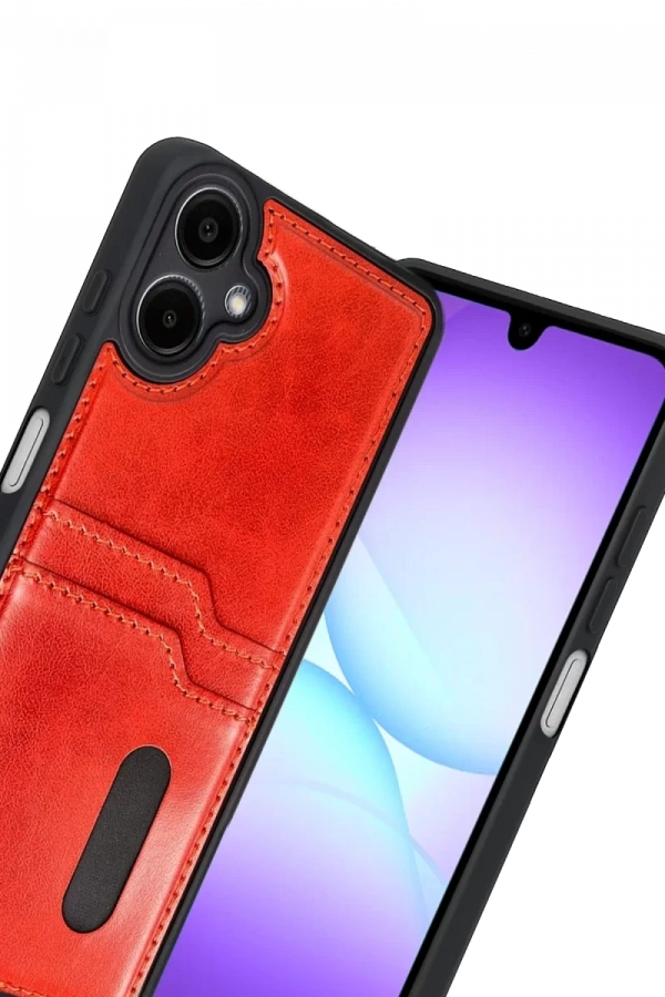 Samsung Galaxy A07 4G Sara Kartvizitli Deri Kılıf - Kırmızı