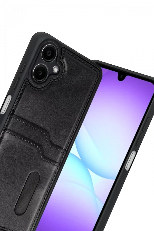 Samsung Galaxy A07 4G Sara Kartvizitli Deri Kılıf - Siyah