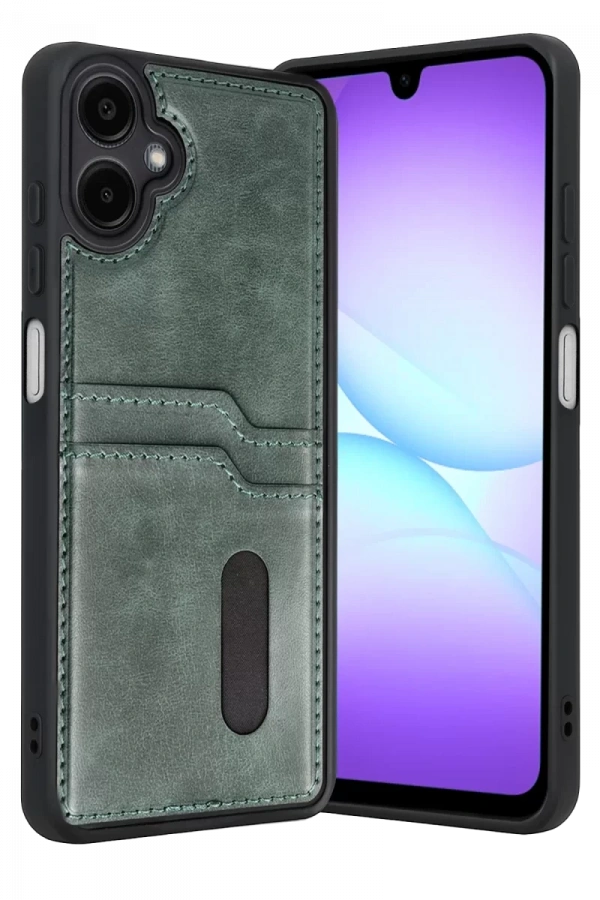 Samsung Galaxy A07 4G Sara Kartvizitli Deri Kılıf - Yeşil