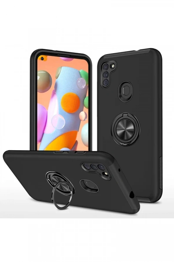 Samsung Galaxy A11 Kılıf Elit Yüzüklü Kapak - Siyah