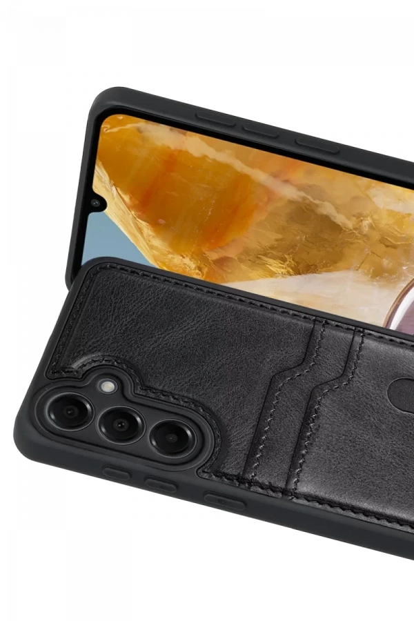 Samsung Galaxy M15 Sara Kartvizitli Deri Kılıf - Siyah