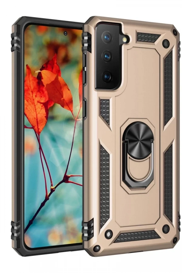 Samsung Galaxy S21 Kılıf Sofya Yüzüklü Silikon Kapak - Gold