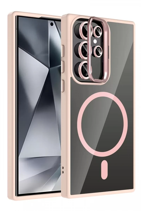 Samsung Galaxy S24 Ultra Remim Lensli Magsafe Standlı Kapak - Pembe
