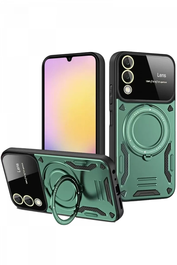 Samsung Galaxy S25 Edge Kılıf Joy Lens Standlı Kapak - Koyu Yeşil