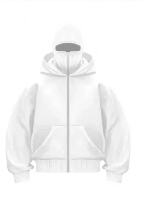 Samuray Ninja Çift Kapşonlu ZIP Fermuarlı Kanguru Çepli Tam Fermuarlı Hoodie Swetshirt - Beyaz