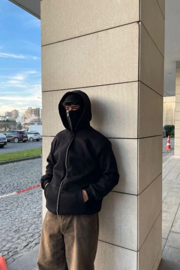 Samuray Ninja Çift Kapşonlu ZIP Fermuarlı Kanguru Çepli Tam Fermuarlı Hoodie Swetshirt - Siyah