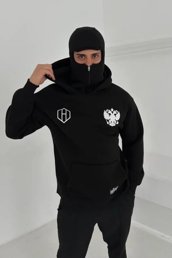 Samuray Ninja Çift Kapşonlu ZIP Fermuarlı Kanguru Çepli Tam Fermuarlı ön Arka - Siyah