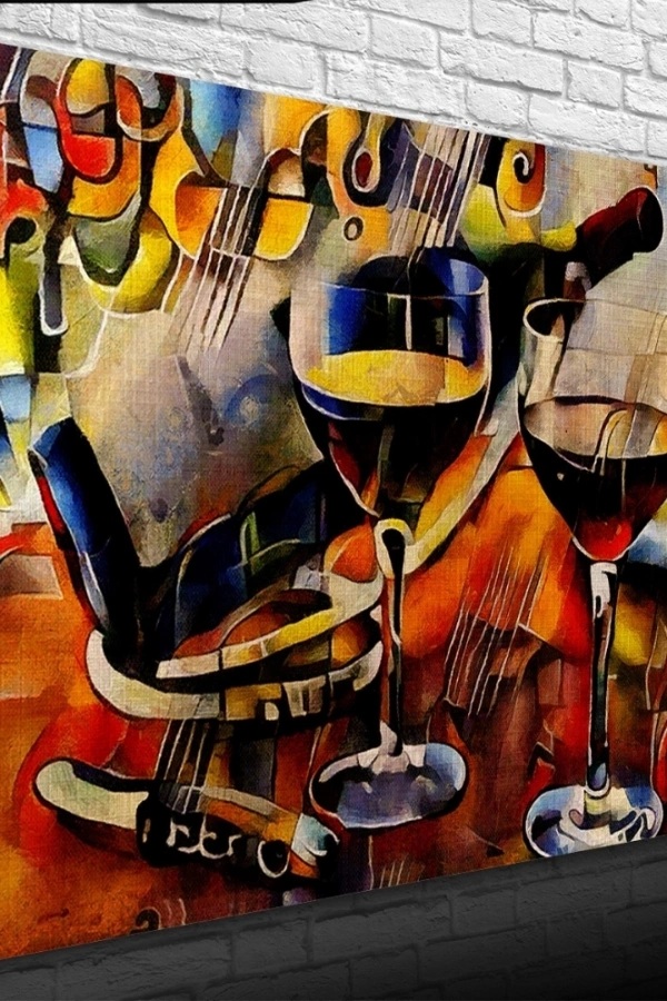 Şarap Şişesi ve Kadehler Kanvas Tablo 50 x 70