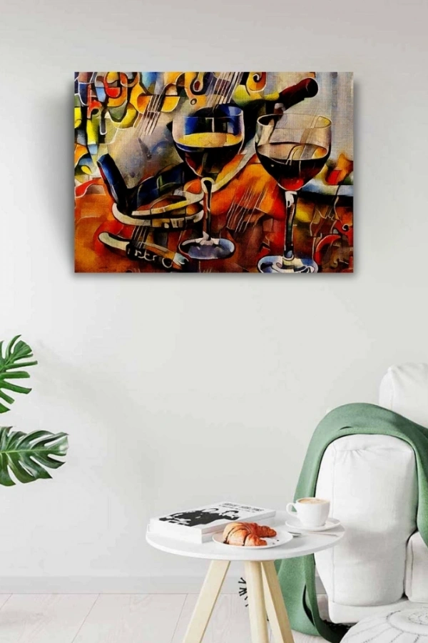 Şarap Şişesi ve Kadehler Kanvas Tablo 50 x 70