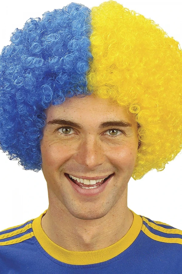 Sarı Lacivert Kıvırcık Afro Bonus Taraftar Peruğu