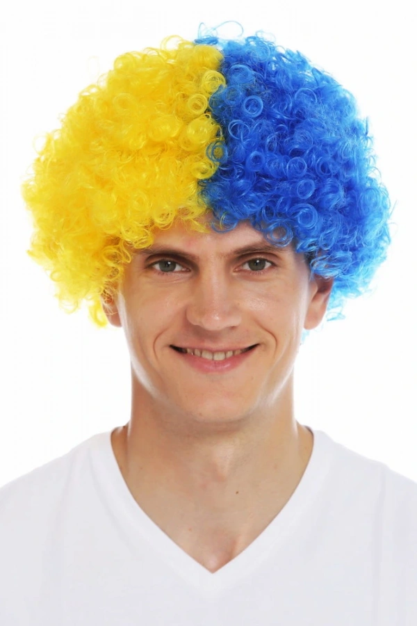 Sarı Lacivert Kıvırcık Afro Bonus Taraftar Peruğu