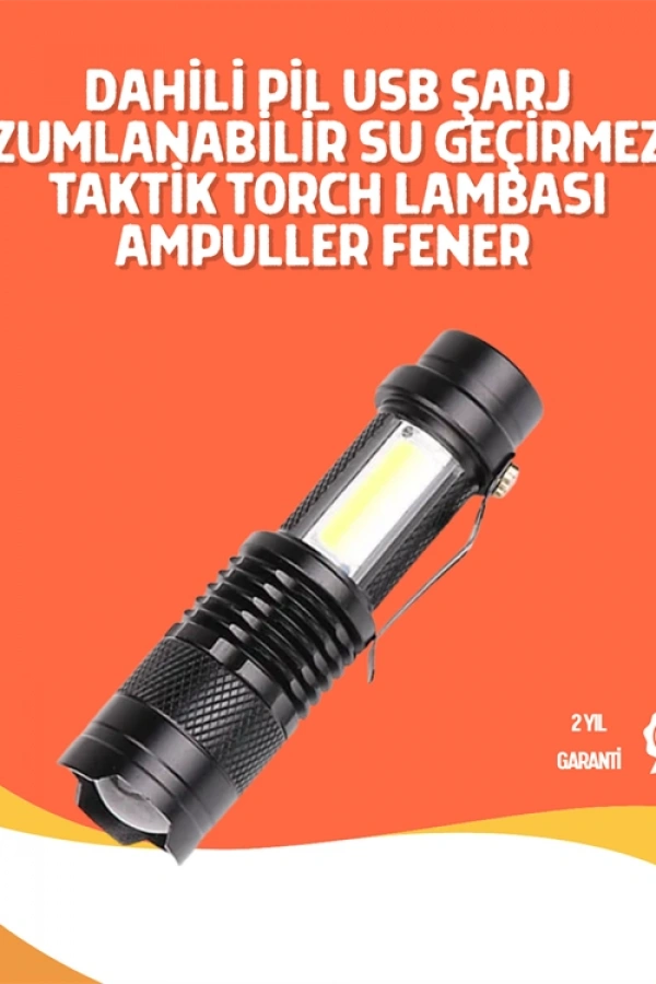 Şarjlı LED El Feneri - 14500 Pil Dahil, 4 Işık Modu, Mini Boy
