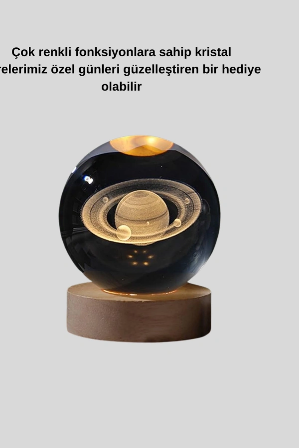 Satürn Desenli Kristal Küre LED Gece Lambası Ahşap Standlı