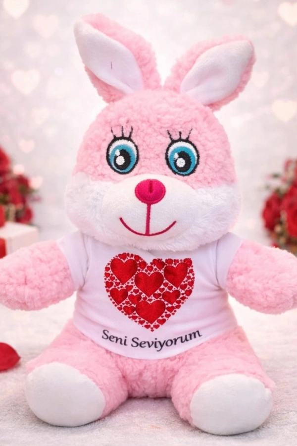 Seni Seviyorum Tişörtlü Pembe Peluş Tavşan