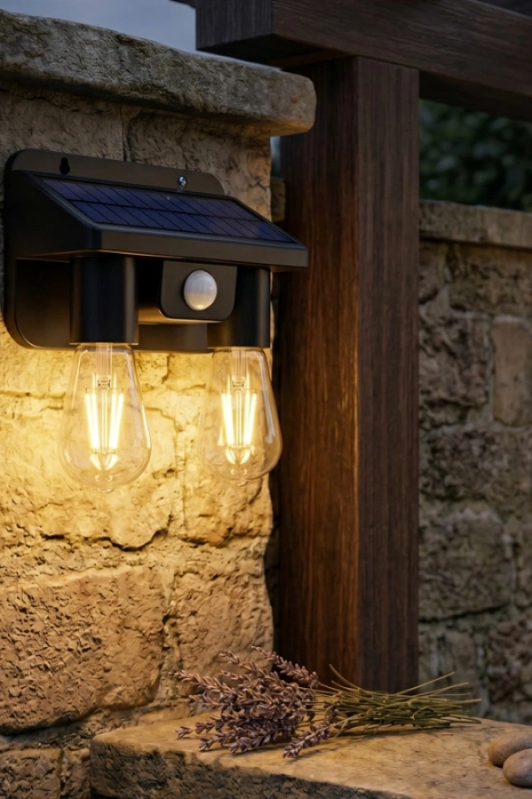 Sensörlü Solar İkili LED Ampul Lamba - Çift Başlıklı - Güneş Enerjili Aydınlatma