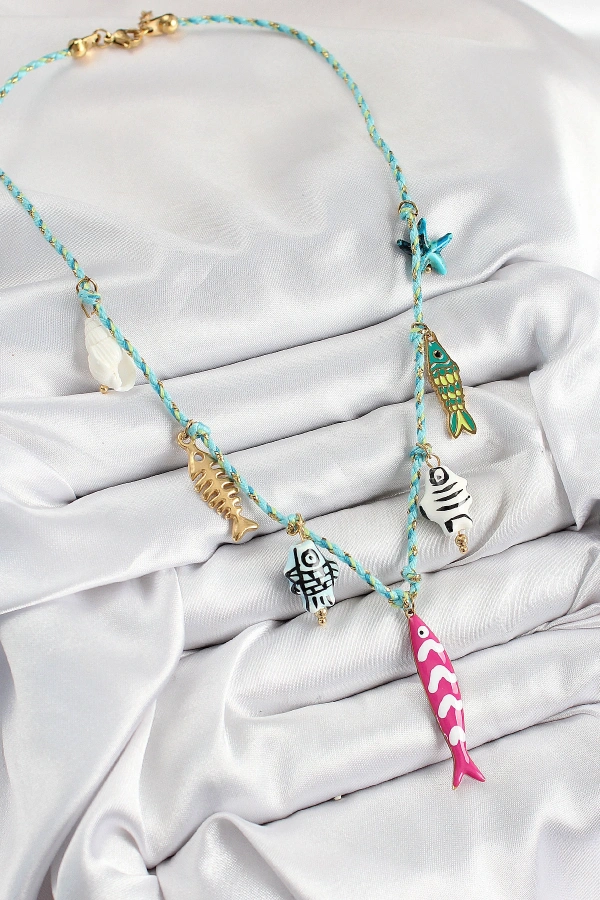 Seramik Motifli Pembe Balık Figürlü Model Mavi İp Kadın Kolye