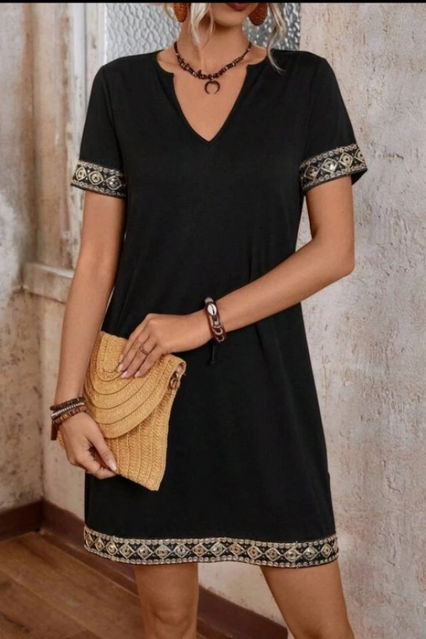 Şerit Detay V Yaka Yandan Cepli Viskon Elbise