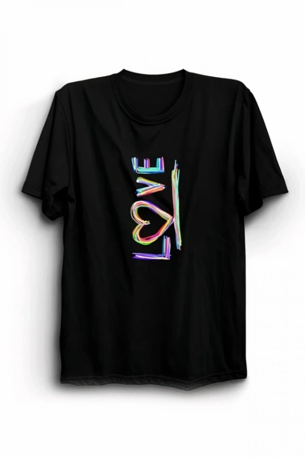 Sevgililer Günü İçin Özel Tasarım Love Baskılı T-shirt - Siyah