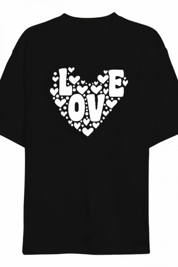 Sevgililer Günü İçin Özel Tasarım Love Kalp Baskılı T-shirt - Siyah