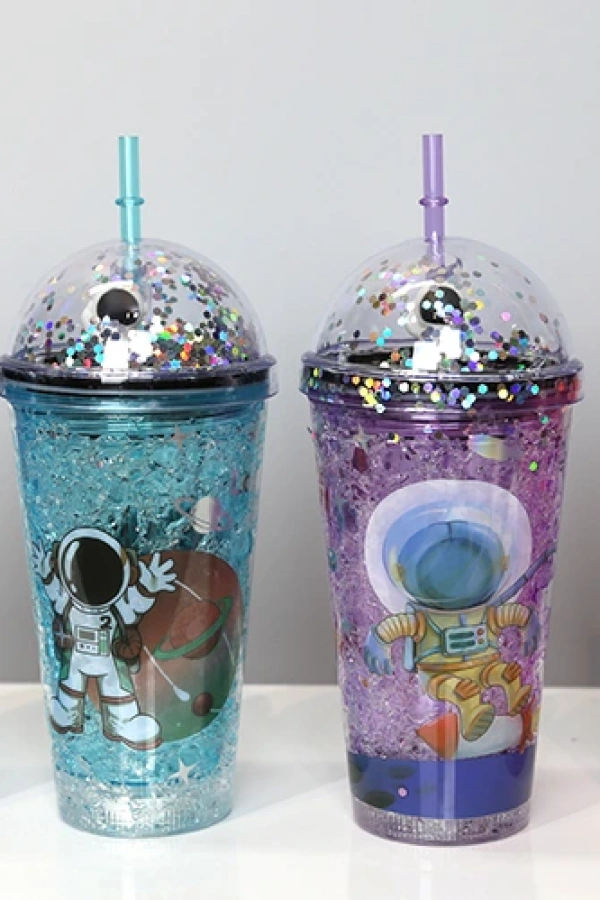 Sevimli Astronot Pipetli Işıklı Pullu Suluk Bardak 400 ml