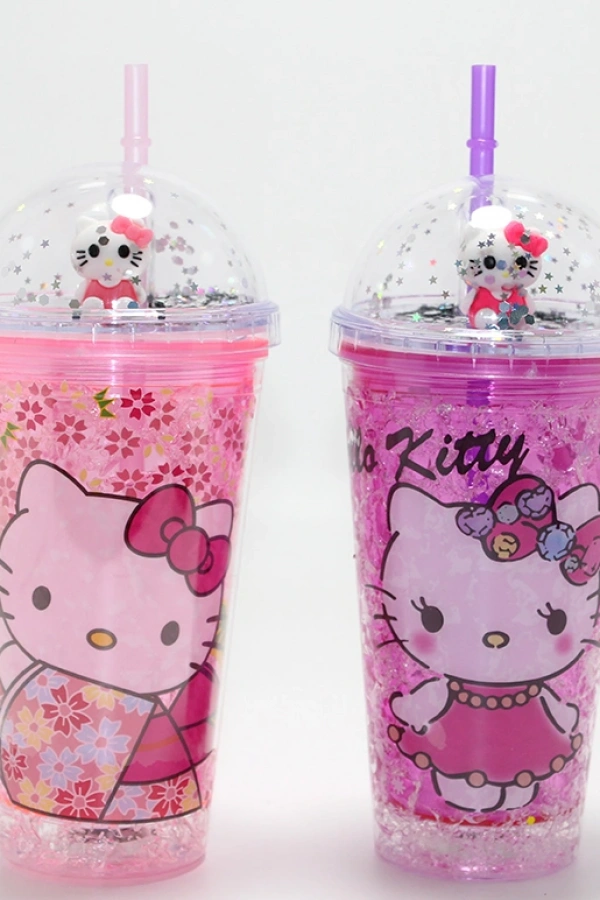 Sevimli Hello Kitty Işıklı Pipetli Boncuklu Suluk & Bardak (400 Ml)