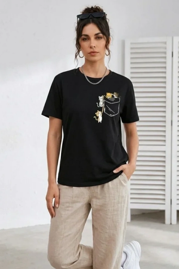 Sevimli Kedi Cep Baskılı Tişört Kısa Kol Yazlık T-Shirt - Siyah