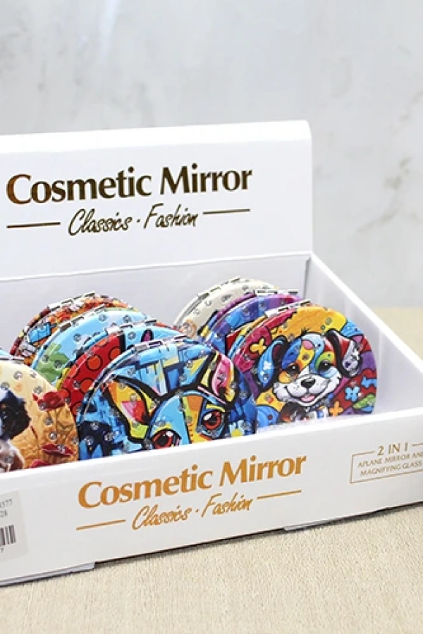 Sevimli Köpek Tasarımlı Taşlı İnce El Aynası Yuvarlak