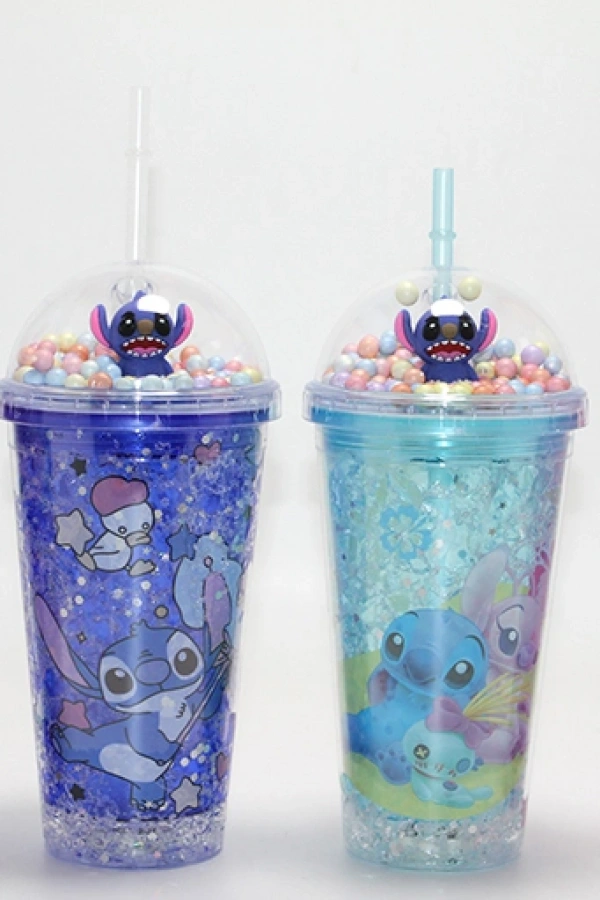 Sevimli Stitch Işıklı Pipetli Pullu Suluk Bardak 400 ml