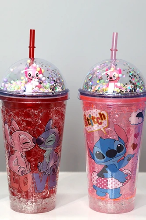 Sevimli Stitch Pipetli Işıklı Pullu Suluk Bardak 400 ml