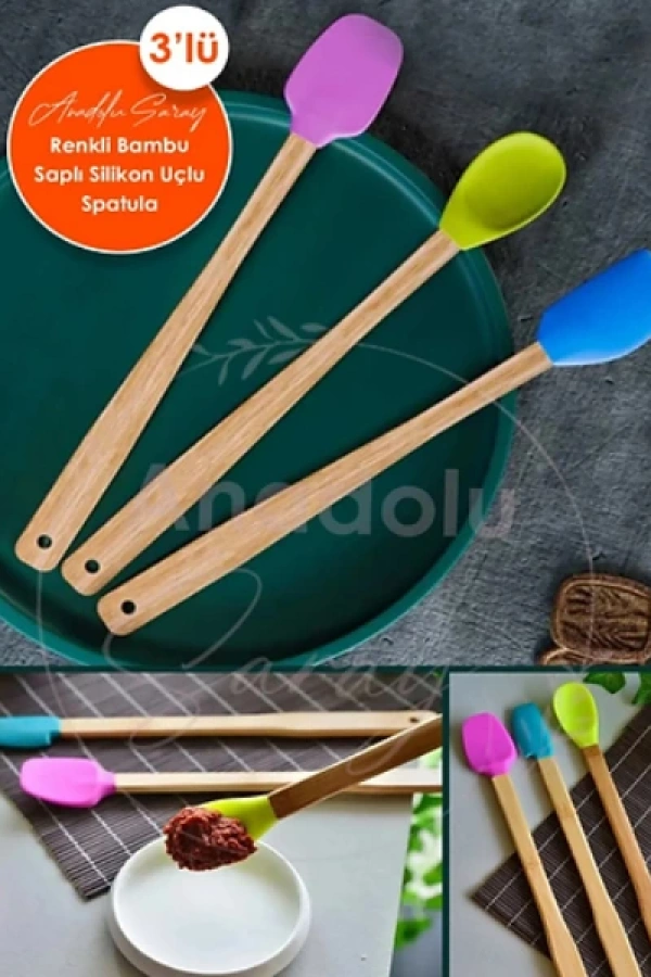 Silikon Uçlu Isıya Dayanıklı Bambu Spatula 3lü Set