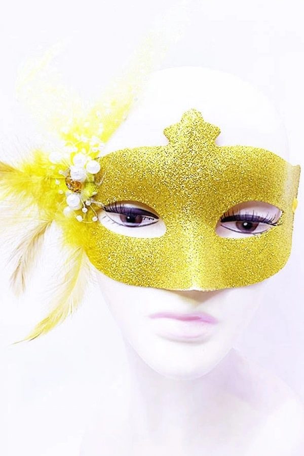 Sim İşlemeli İnci Boncuk Detaylı Tüylü Balo Maskesi Altın Renk 13x18 cm
