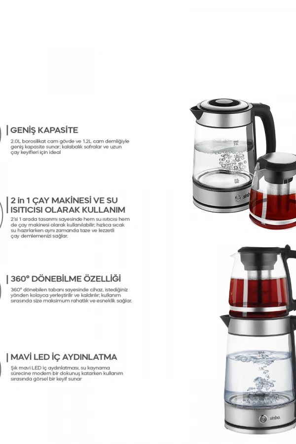 Sinbo 2si 1 Arada Çaycı - Kettle - 2.0L + 1.2L Kapasite - Cam Gövde