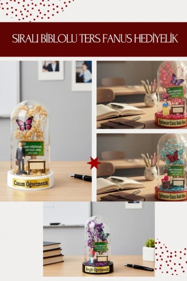Sıralı Biblolu Ters Fanus - Öğretmenler Günü Hediyesi