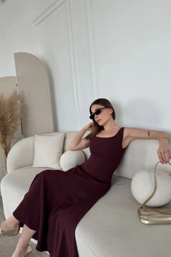 Sırt Dekolteli Kolsuz Uzun Elbise - Mürdüm