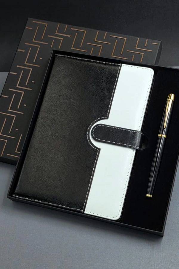 Siyah Beyaz Renkli Tarihsiz Ajanda Defter Ve Metal Roller Kalem Seti