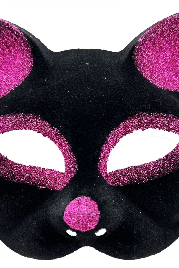Siyah Fuşya Simli Süet Kedi Maskesi
