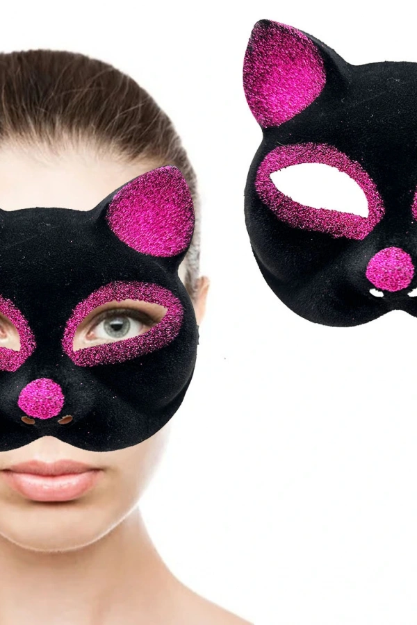 Siyah Fuşya Simli Süet Kedi Maskesi