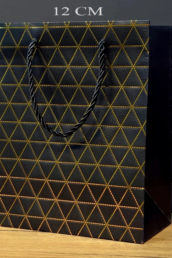 Siyah Geometrik Desenli Mini Boy Karton Hediye Çantası