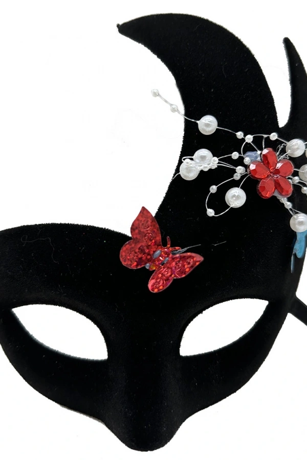 Siyah İncili Taşlı Süet Venedik Parti Maskesi