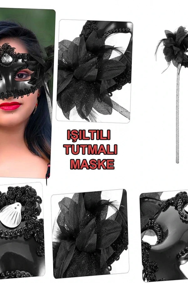 Siyah Işıltılı Tutmalı Fotoğraf Çekimi Maskesi