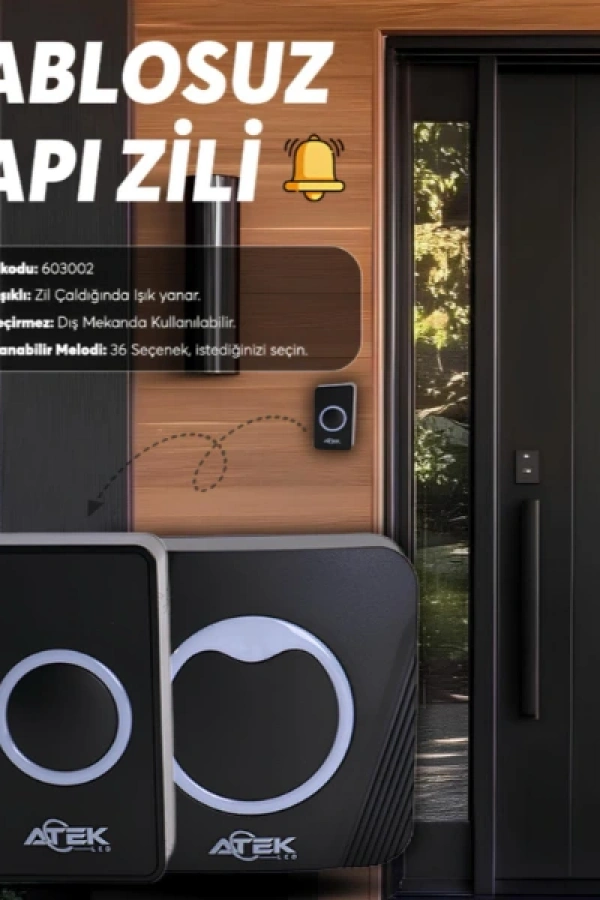 Siyah Kablosuz Su Geçirmez Kapı Zili