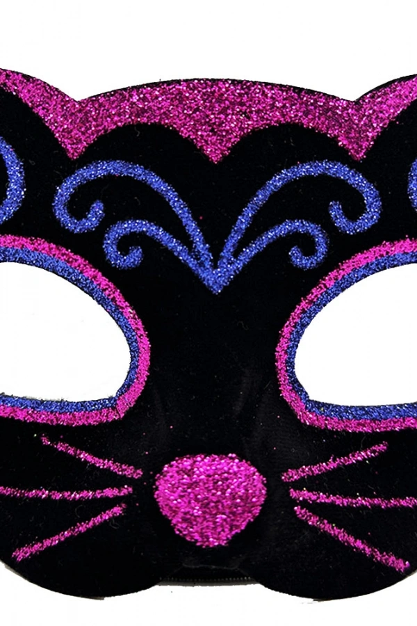 Siyah Kadife Kaplama Üzeri Pembe Mavi Sim İşlemeli Kedi Maskesi 20x13 cm