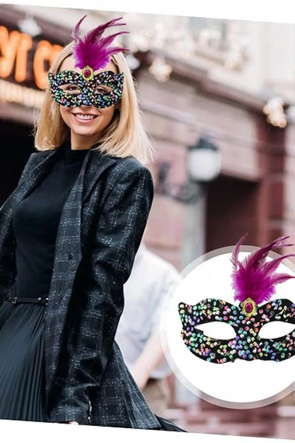 Siyah Kadife Rengarenk Payetli Pembe Parti Maskesi