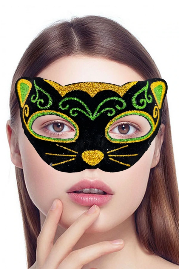 Siyah Kadife Sarı Yeşil Simli Kedi Maskesi